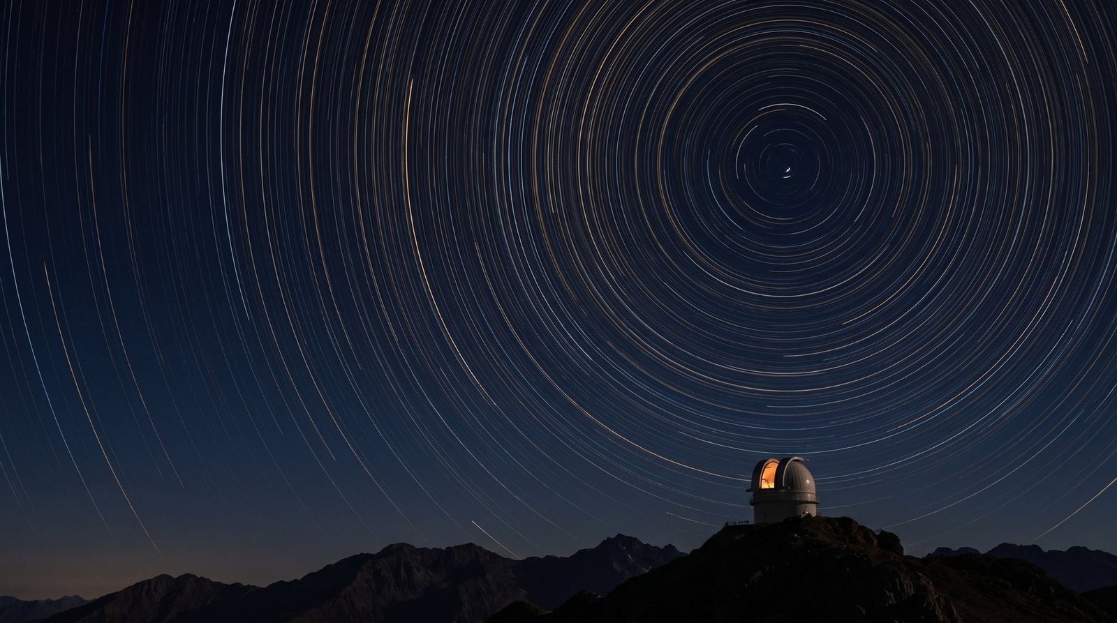 Star trails circling the pole star above an observatory on a mountain ridge