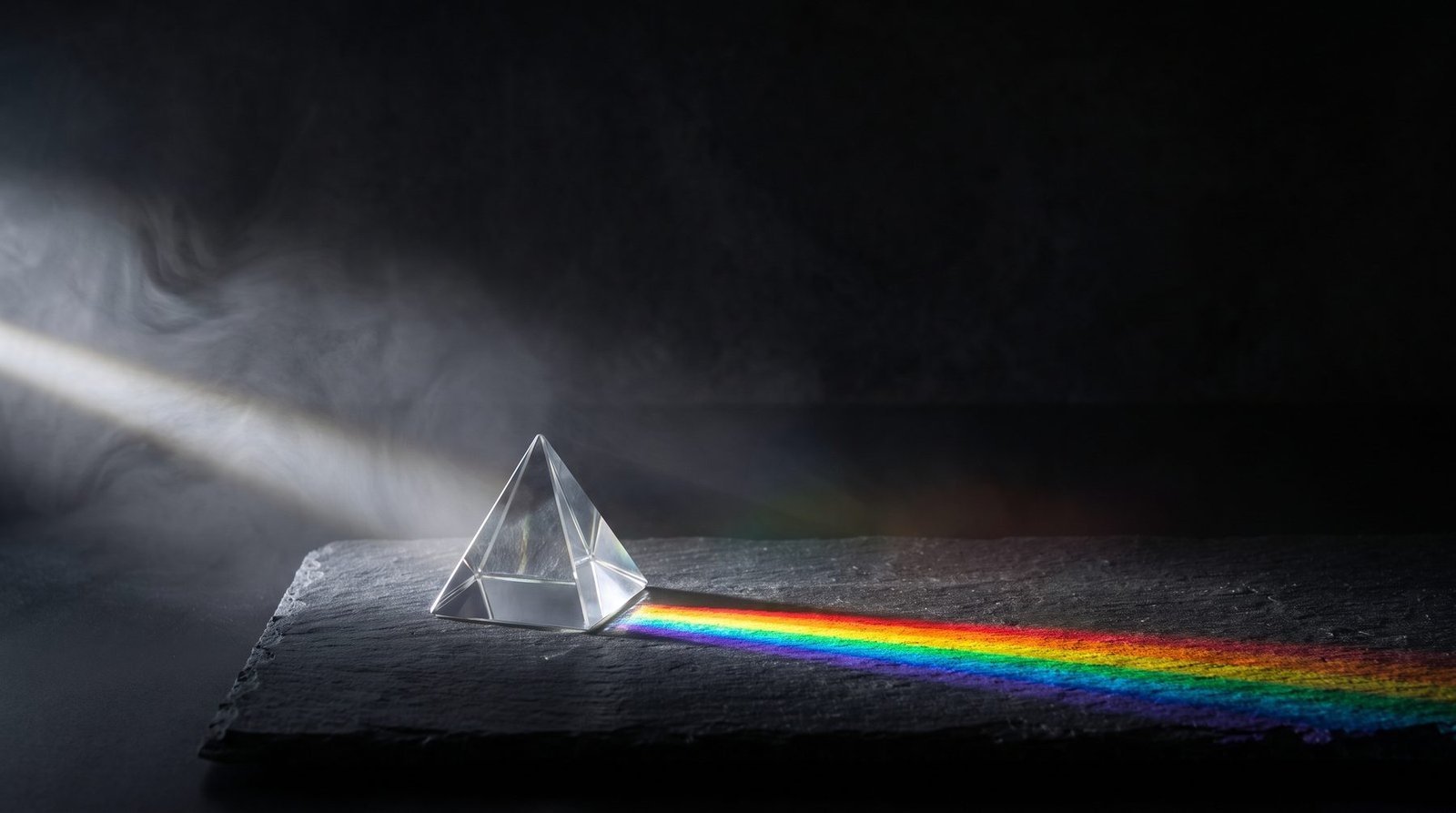A beam of white light passes through a glass prism and fans out into a spectrum