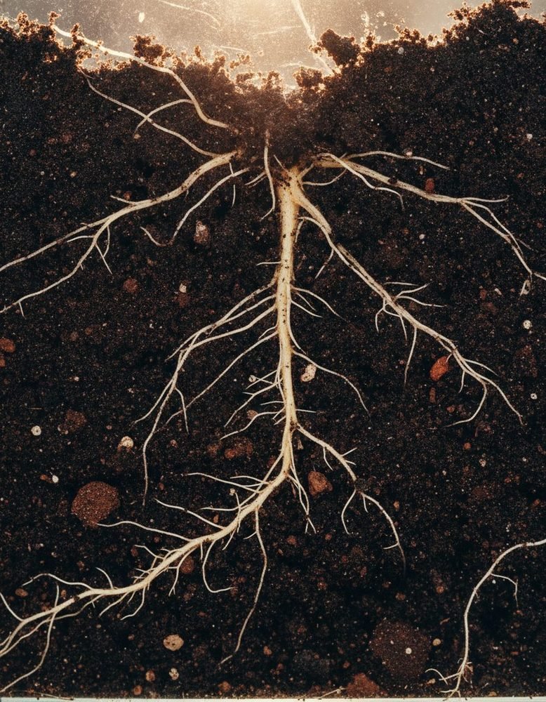 Pale roots spreading through dark soil